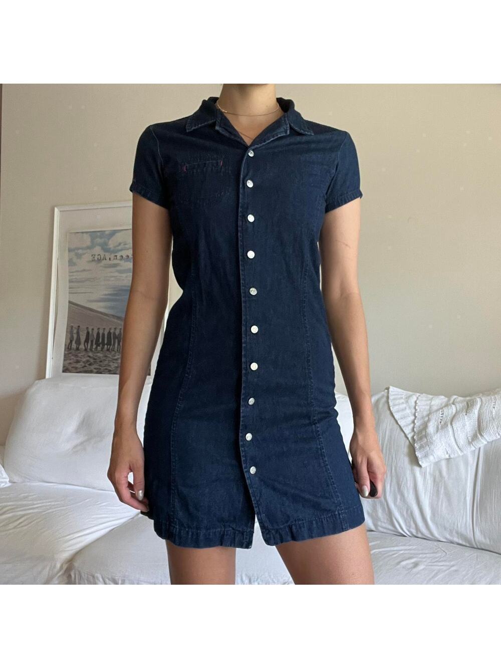 Vintage early 2000s button up  short sleeve denim dress. 100% cotton
